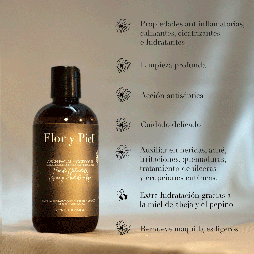 Jabón Facial y Corporal de Caléndula, Pepino y Miel de Abeja 250 ml (Tapa de Disco)