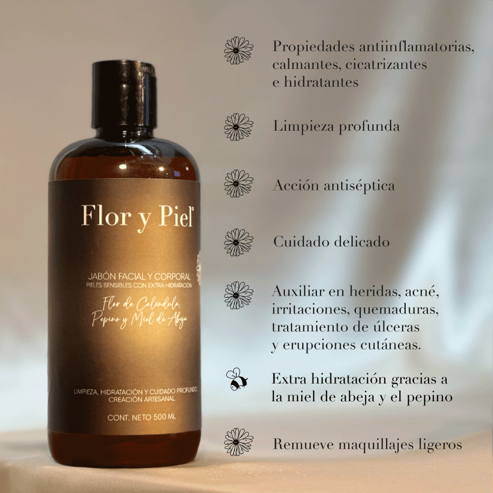 Jabón Facial y Corporal de Caléndula, Pepino y Miel de Abeja 500 ml (Tapa de Disco)