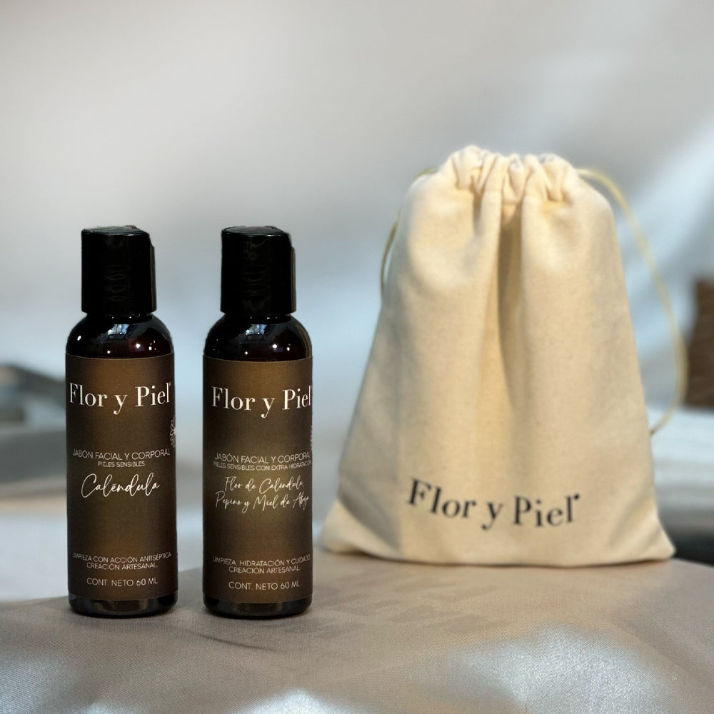Kit con 2 Jabones Faciales y Corporales: Caléndula y Flor de Caléndula, Pepino y Miel de Abeja con bolsa de viaje 60 ml