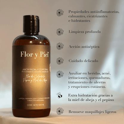 Jabón Facial y Corporal de Caléndula, Pepino y Miel de Abeja 500 ml (Tapa de Disco)